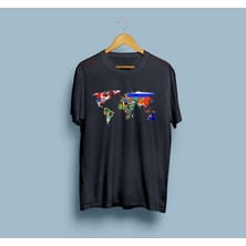 Oversize Bayraklı Dünya Haritası Baskılı Unisex T-Shirt