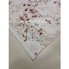 NarStore Home Elit Saçaklı Pembe Kahve Çiçekli Kabartmalı Kaymaz Taban Yıkanabilir Kesme Yolluk Halı
