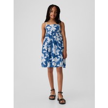 Gap Kız Çocuk Koyu Mavi Çiçek Desenli Keten Karışımlı Cut-Out Detaylı Elbise