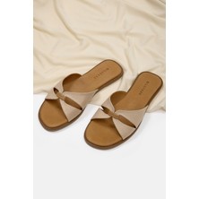 Marbelys Bej Keten Hakiki Deri Kadın Terlik