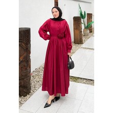 Pileli Poplin Elbise Bordo