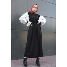 Lamelif Siyah Balon Kol Kemerli Elbise Uzun Kol Dokuma Kumaş Düz Desen ile Şık ve Trend