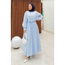 Pileli Poplin Elbise Bebe Mavisi