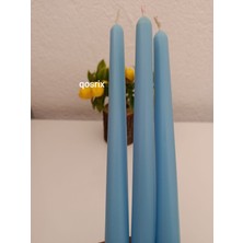 Qosrix 3'lü Açık Mavi Şamdan Soya Mumu Soya Doğal Pudra Kokulu Uzun Çubuk Konik Mum Dekoratif