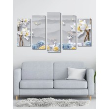 5 Parça Ahşap Geyik Çiçek Duvar Dekoru Salon Oturma Yatak Odası Ofis Için 110X60 cm Tablo Seti