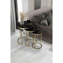 Home Plus Mobilya 3'lü Zigon Sehpa Gold Ayak Siyah Aynalı