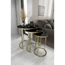 Home Plus Mobilya 3'lü Zigon Sehpa Gold Ayak Siyah Aynalı