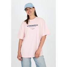 Pudra Yazı Baskılı Bisiklet Yaka Oversize Tişört 6056