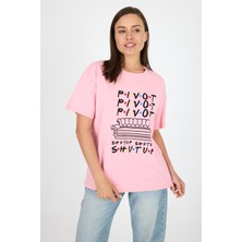 Pembe Yazı Baskılı %100 Pamuk Oversize Tişört 2150-10M