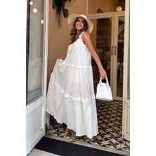 Nana & Mayka Moda Kadın Yazlık Gofre Kumaş Elbise – Ekru (Kırık Beyaz), Ayarlanabilir Askılı, Fistolu, Astarlı, Oversize Model – 6009