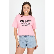 Pembe Yazı Baskılı %100 Pamuk Crop Tişört 9187M