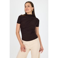 Acı Kahve Kısa Kol Büzgülü Sandy Bluz 2417