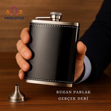 Perlotus 8 Oz 240 cc Rugan Siyah Hakiki Deri Viski Cep Matarası Shot Bardaklı Set Kutulu Babalar Günü