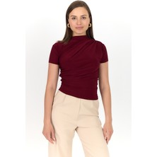 Bordo Kısa Kol Büzgülü Sandy Bluz 2417