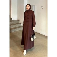 Düğme Detaylı Hırka Tesettür Jile Takım Acı Kahverengi