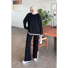 Lamelif Pantolon Yırtmaçlı Triko Takım Siyah