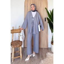 Ön Çift Bağcık Detaylı Kimono Tesettür Takım Gri