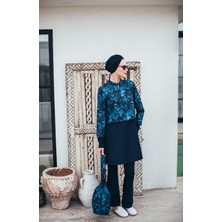 Midnight Blue Kadın Kısa Desenli Fermuarlı Tam Kapalı Tesettür Mayo 3'lu Set