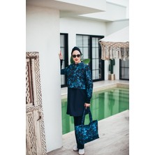 Midnight Blue Kadın Kısa Desenli Fermuarlı Tam Kapalı Tesettür Mayo 3'lu Set