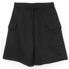 Beli Bağcıklı Kargo Cep Düz Renk Kız Çocuk Penye Şort Siyah 001-0002060