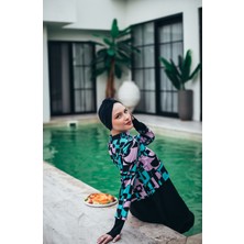 Nova Kadın Kısa Desenli Fermuarlı Tam Kapalı Tesettür Mayo 3'lu Set