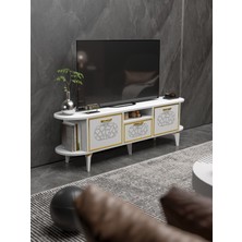 GOLDFALEZ TV Sehpası 160 cm Modern 3 Kapaklı Tv Sehpa Çok Amaçlı Konsol Ünitesi Mira Beyaz Gold