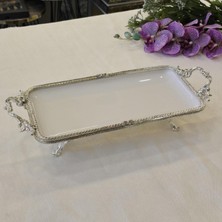 Metal Çerçeveli Dikdörtgen Porselen Servis Tabağı 30X15 cm Gümüş