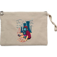 Gas Mask Boy Cartoon Krem Clutch Astarlı Cüzdan / El Çantası