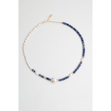 Sodalit ve Inci Taşlı 18 Ayar Sarı Altın Kaplama 45 cm Gümüş Kolye