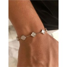 Erkek Kadın Gümüş Bileklik - 4 Yapraklı Yonca 5'li Sedef Taşlı •ışıklı Kutuda • Sevgiliye • Bileklik