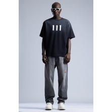 0 Yaka 111 Baskı Yıkamalı Erkek Oversize T-Shirt