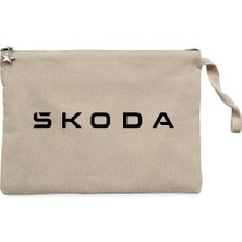 Skoda Text Krem Clutch Astarlı Cüzdan / El Çantası