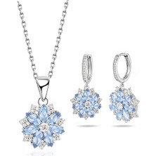 Aquamarin Taşlı Pırlanta Model Lotus Çiçeği Kadın Gümüş Set