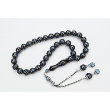 Oltu Taşı Küre Fiyonk Mavi Işlemeli Tespih