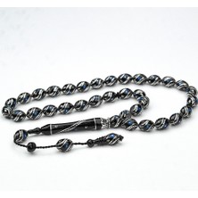 Oltu Taşı Çift Çeşm-I Bülbül  Mavi Işlemeli Tespih