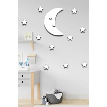 Ahşap Beyaz Aydede + 10 Beyaz Yıldız Çocuk Odası Duvar Süsü