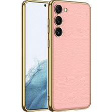 Galaxy S23 Plus Kılıf Deri Görünümlü Kenarları Elektroplating Kaplama Tstk Fizyon Kapak-Pembe