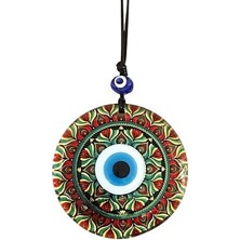 Ett Kırmızı Çiçek Desenli ve Nazar Boncuklu El Yapımı Füzyon Cam Duvar Süsü