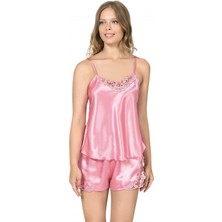 Koyu Pembe saten Babydoll Şort Takım