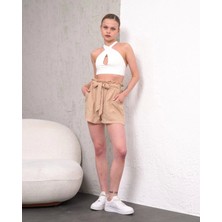 Kuşaklı Keten Şort Bej S255265