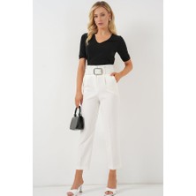 Gökyüzü Moda 6556 Kemerli Kumaş Pantolon - Ekru