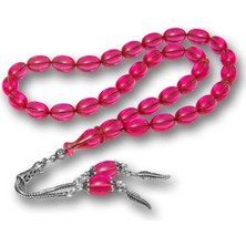 Nidam Butik Gümüş Püsküllü Pembe Ateş Kehribar Tesbih