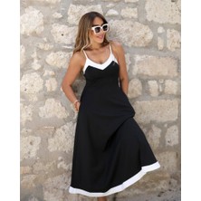 Vibe Unico Kadın Ip Askılı V Yakalı Çift Renkli Janjan Krep Elbise