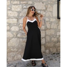 Arben Boutique Kadın Ip Askılı V Yakalı Çift Renkli Janjan Krep Elbise
