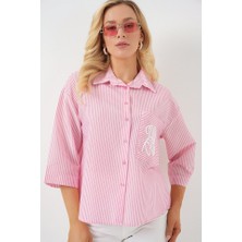 Gökyüzü Moda Tek Cep Nakışlı Gömlek 20328 - Pembe