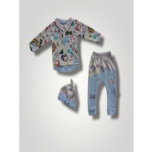 6-9 12-18 18-24 Ay Power Kedi Nakışlı Uzun Kollu Sweat Şapkalı 3lü Kız Erkek Bebek Takımı Mavi