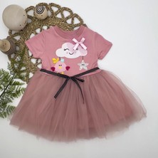 1-2-3 Yaş Tül Tokalı Bulut Civciv ve Yıldız Nakışlı Kız Bebek Elbisesi Gül Kurusu
