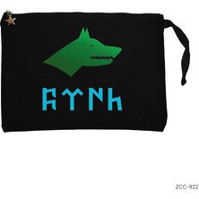 Göktürkçe Türk Kurtlu Mavi Yeşil Siyah Clutch Astarlı Cüzdan / El Çantası