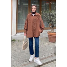 Kol Bağlama Detaylı Oversize Gömlek Acı Kahverengi