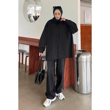 Lamelif Kadın Oversize Gömlek Siyah Pamuk Polyester Uzun Kol Düz Desen Şık Tasarım Türkiye Menşeli